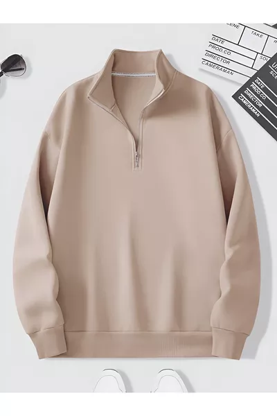 бежевый свитшот оверсайз унисекс с высоким воротником и молнией