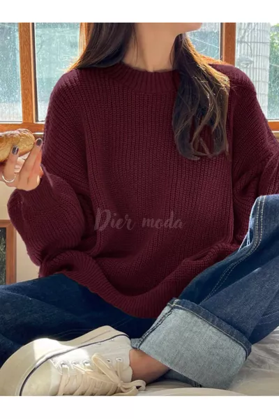 Kadın Bordo Oversize Triko Kazak