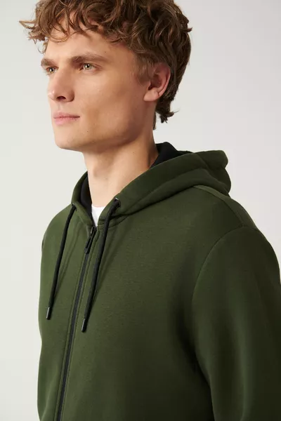Sweat-shirt zippé à capuche pour homme en kaki, molletonné, tissu 3 fils, coupe régulière 