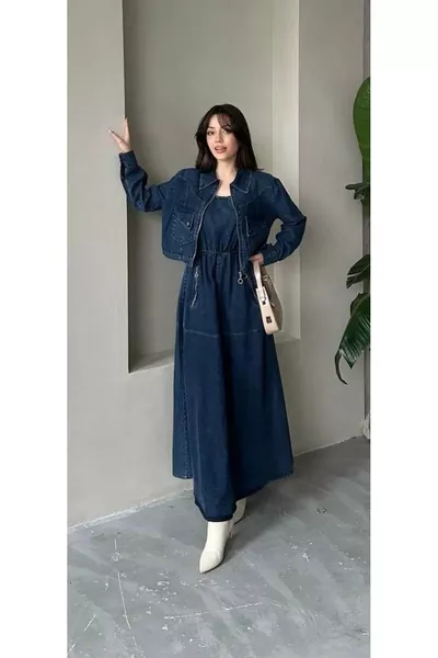 Premium Denim Jumper Dress and Jacket Set Double Denim Jacket Dress Set