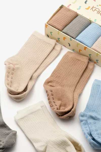 جوارب طفل قطنية طبيعية من البامبو بلا خياطة - جوارب حديثي الولادة (لمن هم أكبر من 6 أشهر مع قاعدة سيليكون مانعة للانزلاق)
