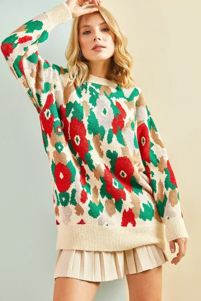 المرأة متعددة الألوان الأزهار منقوشة سترة متماسكة