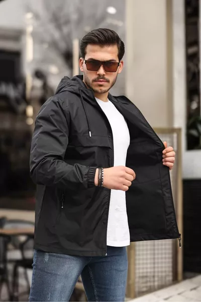 Men's Lined Waterproof Hooded Raincoat with Pockets