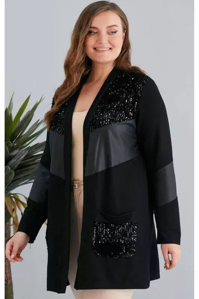 Женский кардиган с пайетками, блоковым узором, искусственной кожей, открытым передом, карманами и эластичным вискозным материалом