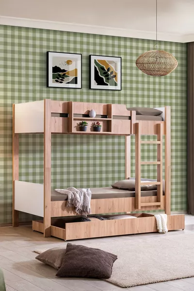 Letto a castello, Letto a castello separabile per bambini, Noce - Bianco + 2 Materassi Comfort
