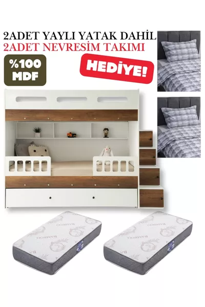 Berlin Ranza / % MDF / 2 Adet Bambo Yaylı Yatak / 2 Adet Nevresim Takımı Hediye