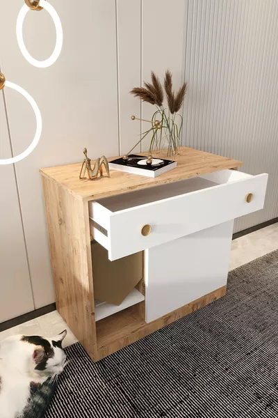 MONA Wooden Cat Litter Box with Drawer - Lockable Lid - Includes Entry Fabric - Litter Tray Not Included - A.ÇAM-WHT