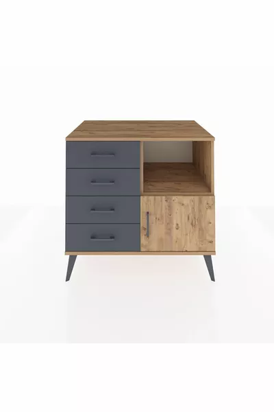 Comò Kronos con singolo ripiano, 4 cassetti e anta singola Pino-Pino/Antracite