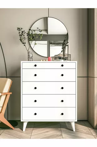 Скрин Блестящо Бял с 5 Чекмеджета Кънтри Скрин Нощно шкафче Дървено