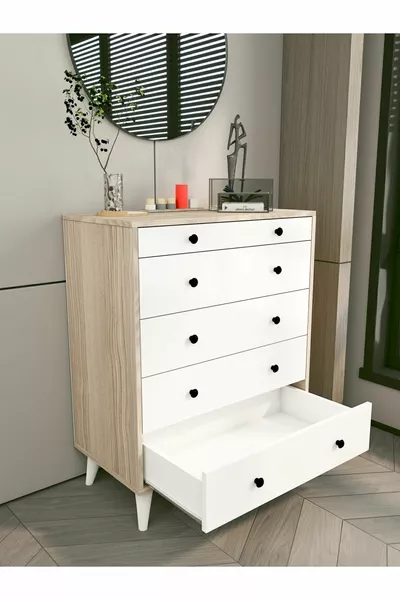 خزانة كومود كوردوبا أبيض لامع-بني، 5 أدراج، خزانة ريفية خشبية