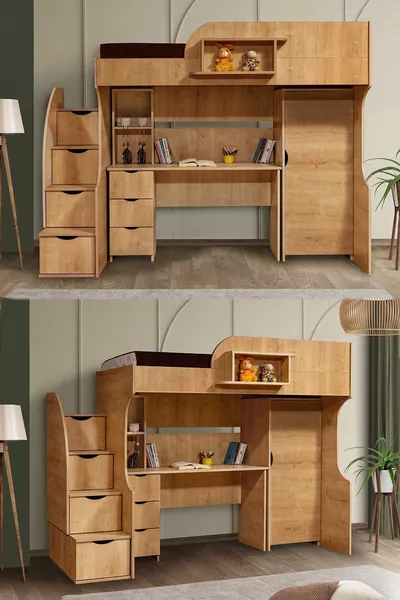 Кровать-чердак, шкаф и письменный стол Litera, светлый орех, 1 матрас Comfort