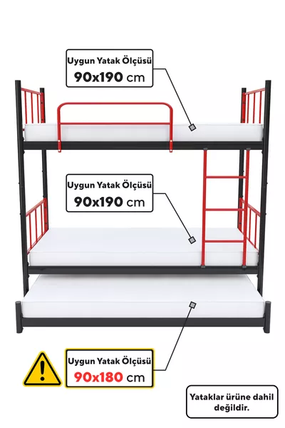 Tekno Bunk Bed with Loft Bed, Compatible with Mattress, 3-Person Red Metal Bunk Bed