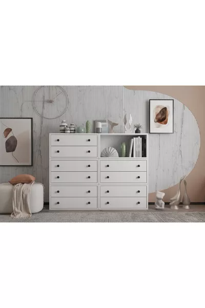 On Çekmeceli Raflı Beyaz Şifonyer Çıtasız -ç