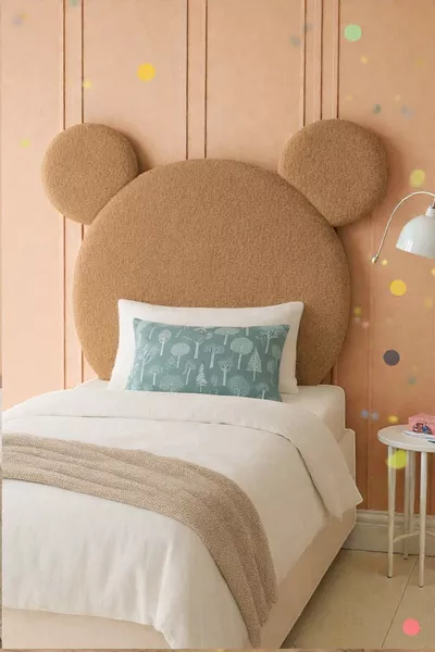 Табла за легло, светлокафява плюшена, единична табла за легло, плюшена табла за легло Мики Маус