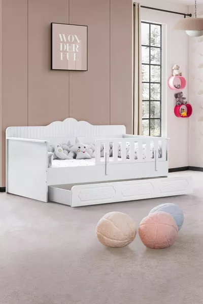 Camera per bambini Flower, letto a castello Flower con cassetti, armadio a 3 ante - Bianco