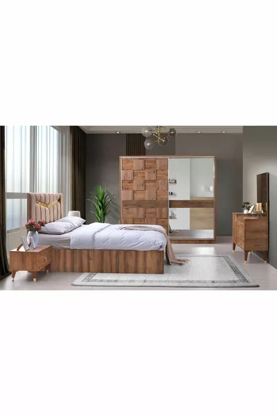 Geneve Slaapkamer Walnoot Schuifdeuren en Spiegel Zonder Bedbasis met Traverse Gratis Levering en Montage