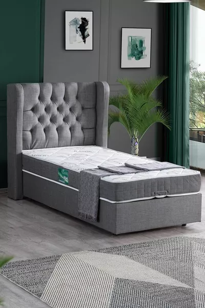Riga Tek Kişilik Baza Başlık Comfort Yatak Seti, Gri