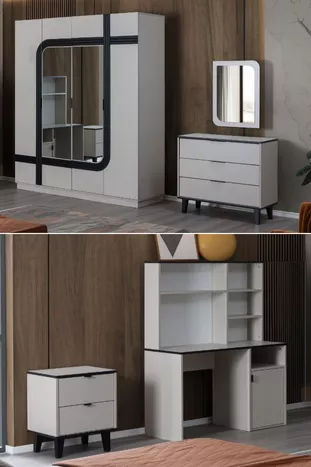 Ensemble Chambre Jeune Bali - Armoire 4 Portes, Bureau, Commode, Table de Chevet