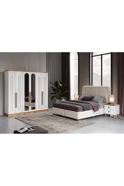 تركيب مجاني - مجموعة غرفة نوم كاملة من MDF بستة أبواب فلورا - يشمل السرير