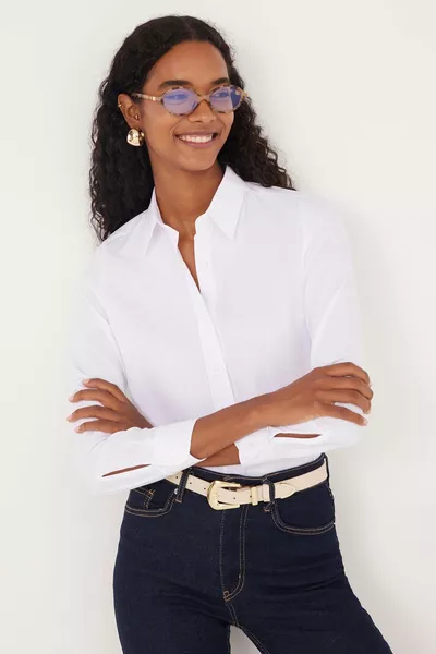 Chemise blanche basique en coton pour femme, ajustée, coupe slim, manches longues, tissu texturé