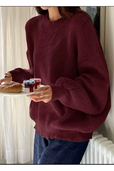 Bordo Bisiklet Yaka Oversize Kadın Triko Kazak