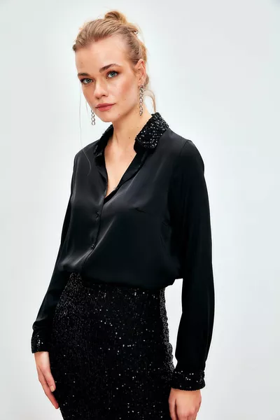 Paillettenbesetztes Satinhemd - SCHWARZ