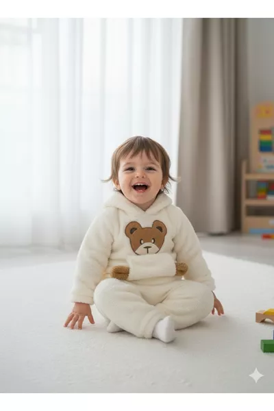 طقم للأطفال والرضع مع هود مطرز بشكل دب محشو / قماش وولسوفْت بولار