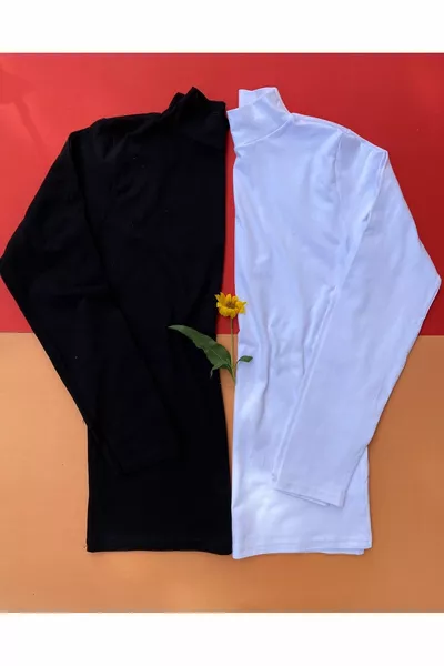 Дълъг ръкав 2-ка черна и бяла памучна дамска тениска с поло яка