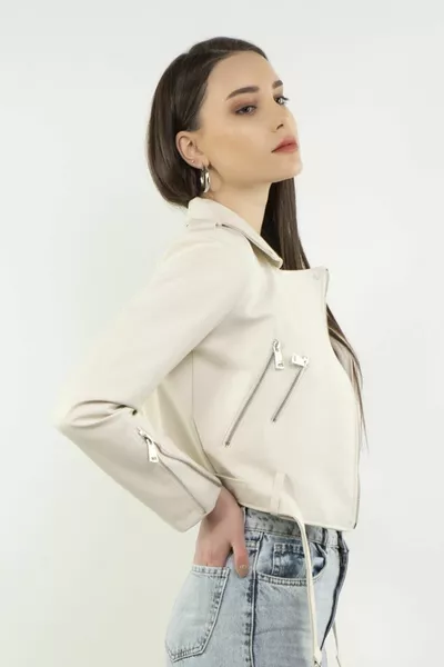 Metal Fermuarlı Kadın Beyaz Deri Ceket ( X-bı )