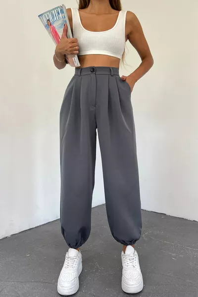 بنطال نسائي بالون أنثراسيت بخصر مرتفع وحافة أرجل مرنة