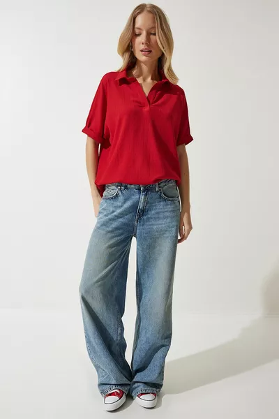 المرأة الأحمر بولو ياقة محبوك مجعد بلوزة 