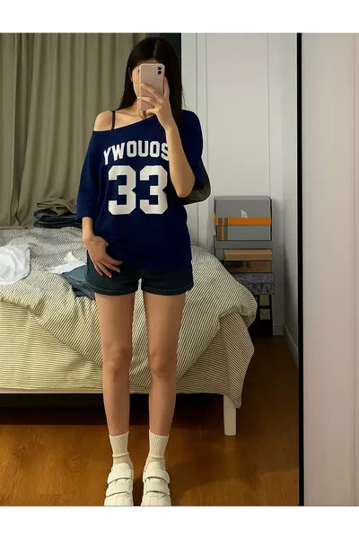 تيشيرت فضفاض من القطن % للنساء مع رقبة قارب وطبعة Oywouos