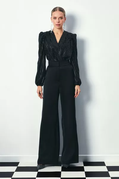 Glänzende gestreifte Bodysuit-Bluse - SCHWARZ