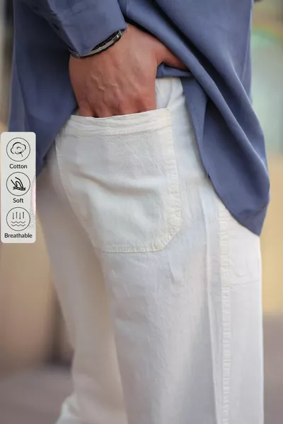 Pantalon décontracté pour homme en mélange de lin d'été de couleur blanche - Blanc