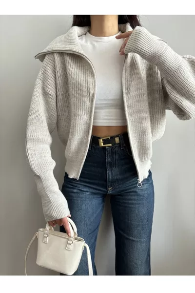 Dames Trui met Rits en Omgeslagen Hals