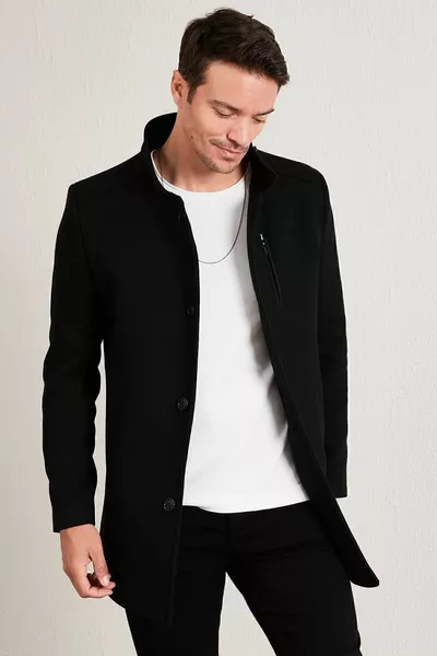 Slim Fit Knopen Hoge Kraag Wolmantel Herenjas 