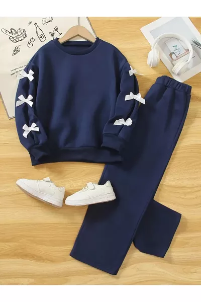 Girls' Navy Ribbon Detail Sweatshirt - Loose Fit Tracksuit Set
