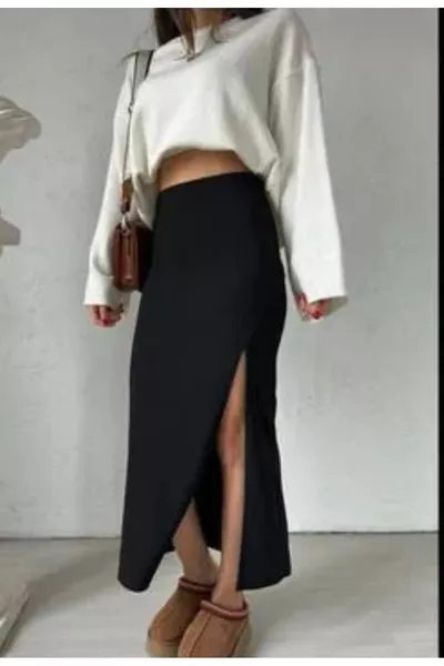 تنورة طويلة ماكسي نسائية من قماش الغواص الأسود مع شق