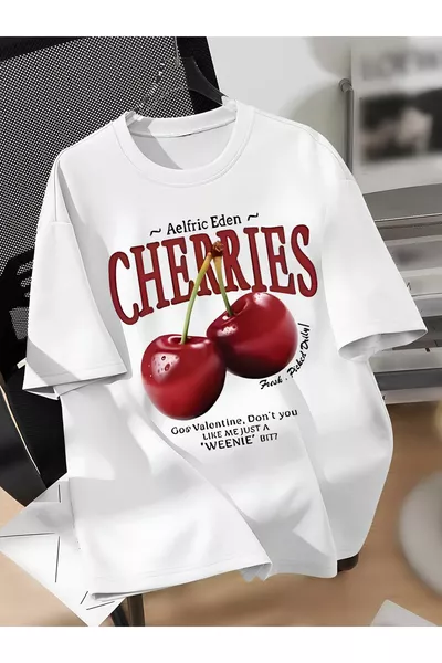 تي شيرت قطن واسع برقبة دائرية مطبوع خاص للرجال/النساء من CHERRIES