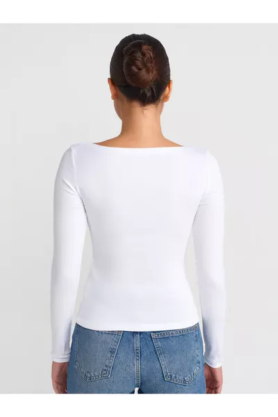  Kayık Yaka Uzun Kollu Top-Beyaz