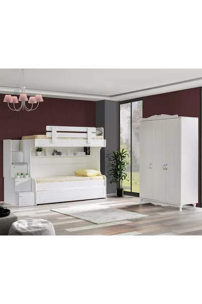 Bunk Bed, Water Lily Bunk Bed with 3-Door Wardrobe + 3 Comfort Mattresses