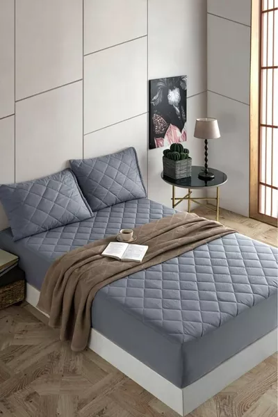 Протектор за матрак с капитониран чаршаф, сив цвят, 100% памук, с ластик, чаршаф X