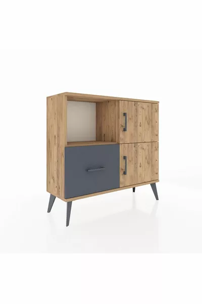 خزانة أرجس بدرجين ورفين وغطائين، خشب صنوبر - رمادي داكن