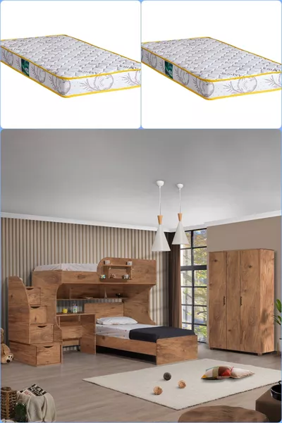 Stapellbed, Aura Stapellbed Bed Tafel 3-deurs Kast + 2 Comfort Matrassen