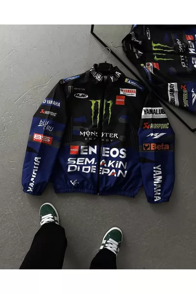 معطف مطر ورياح رجالي أسود بطبعة رقمية بسحاب