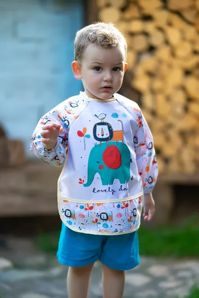 Giraffe and Lion Patterned Sleeved Baby Bib with Pockets