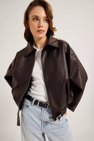 New Season Faux Oversized Bomber Leather Jacket