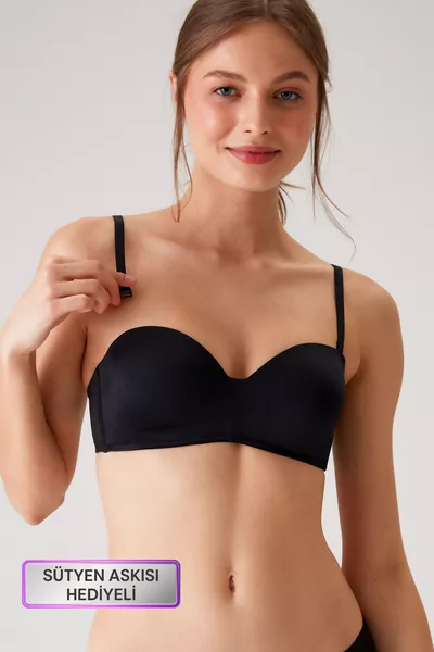 2'li Ekonomik Paket Siyah Beyaz  Ales Ultra Hafif Bütün Kap Dolgusuz Micro Straplez Sütyen Set
