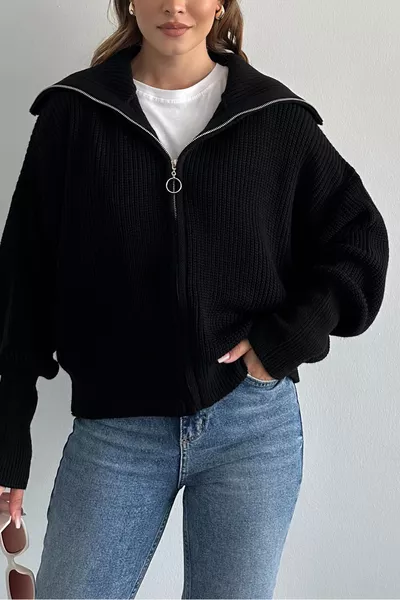 Black Zip-Up Cardigan with Slouchy Collar