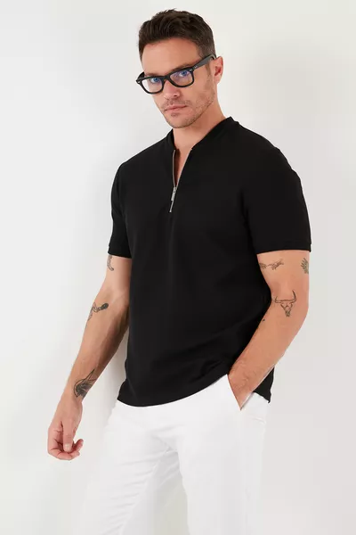 Мужская футболка с хлопком, прямого кроя, с полузастежкой-молнией 